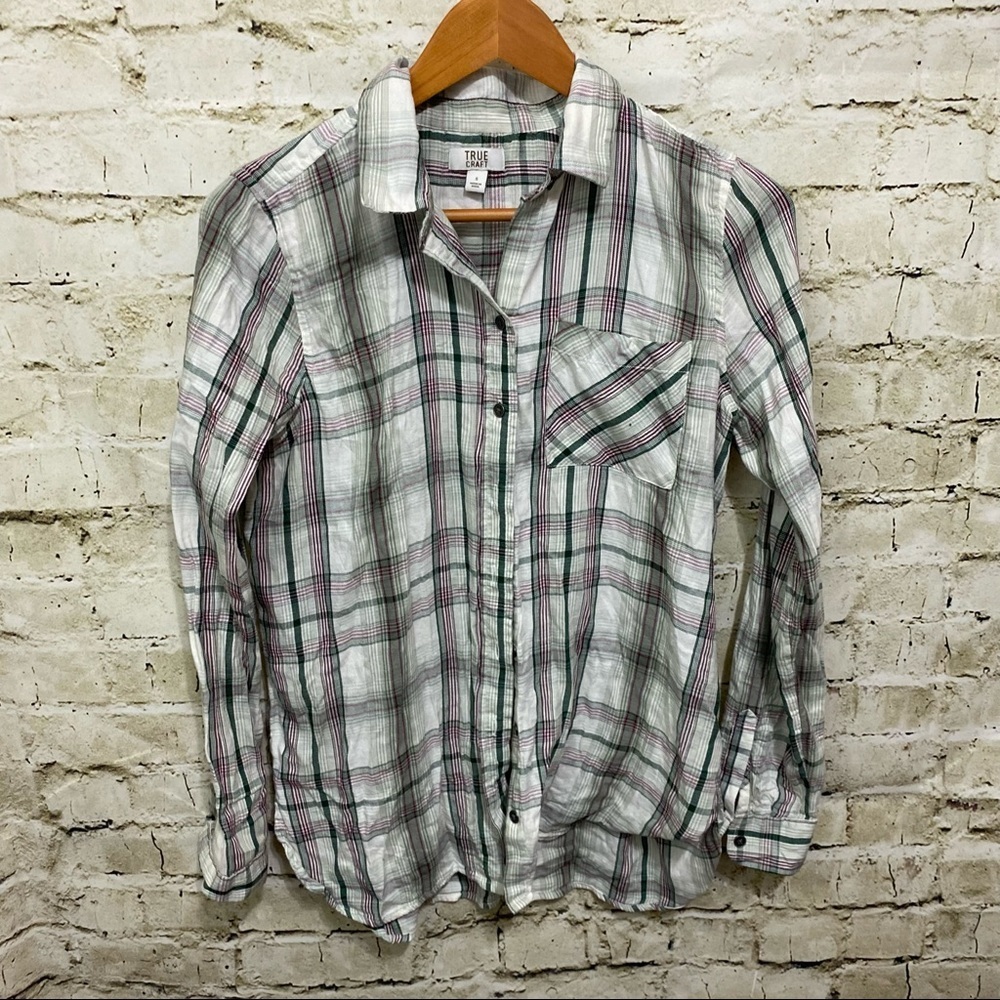 True Craft Purple Green Plaid Button Up Shirt
